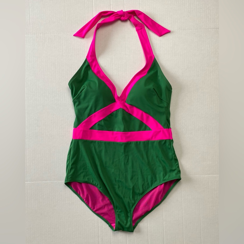 Boden One Piece Swimsuit Sz 16-18L (UK 20L) Green Hot Pink Halter Bathing Suit